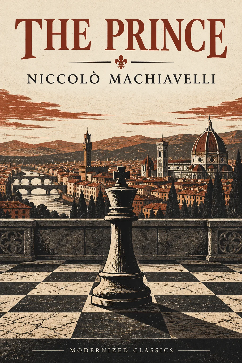 Woodcut illustration of a chess king overlooking Florence