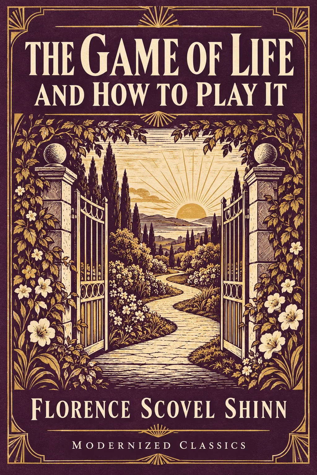 Woodcut illustration of open garden gates and a winding path toward a rising sun