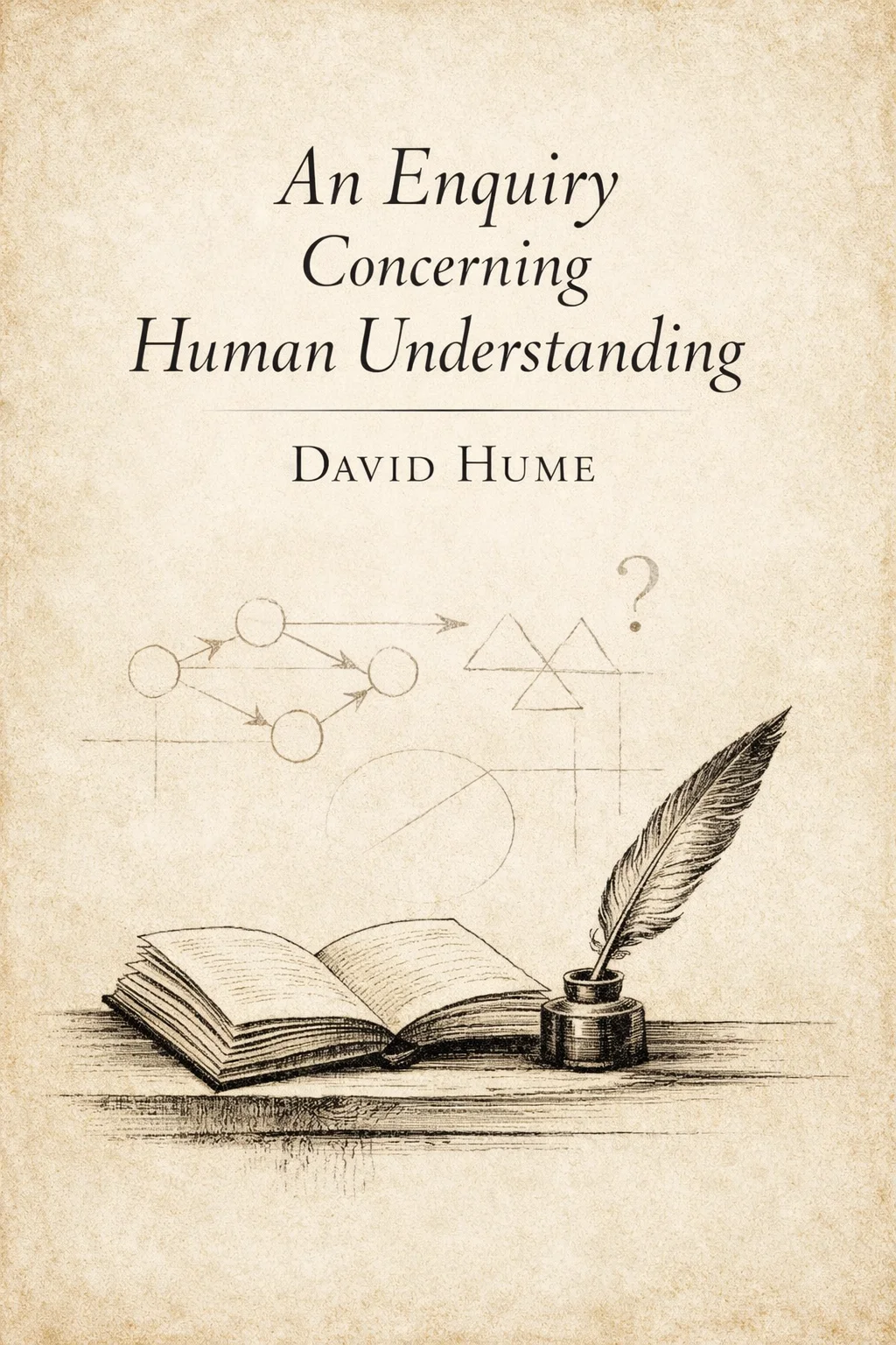 Cover art for An Enquiry Concerning Human Understanding featuring a minimalist 18th-century-inspired study scene with a quill, open book, and subtle abstract lines suggesting cause-and-effect, in muted parchment and ink tones, with the title and author set in elegant serif typography.