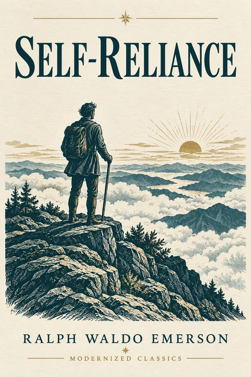 Woodcut illustration of a lone traveler on a mountain ridge beneath a rising sun