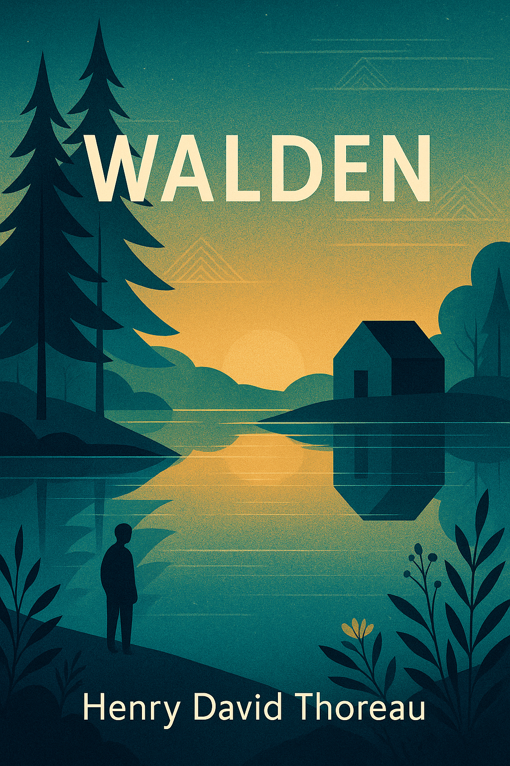 Cover art for the modernized 'Walden' featuring a serene lake view of Walden Pond, minimalist cabin elements, and natural motifs that symbolize simplicity and self-reliance, rendered in a contemporary artistic style that bridges Thoreau's 19th century ideals with modern environmental consciousness.