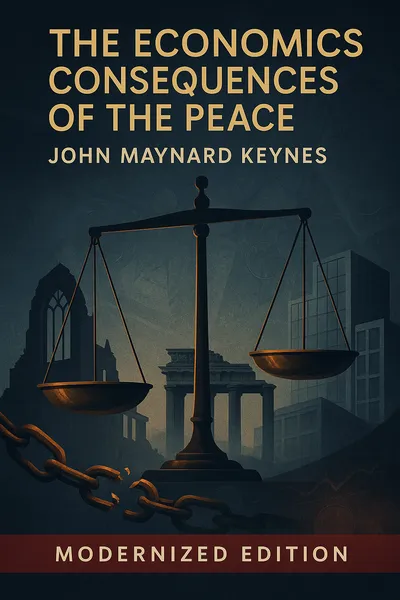 Cover art for the modernized 'The Economic Consequences of the Peace' featuring symbolic elements of post-war Europe, economic imagery such as balanced scales or broken chains, and visual representations of Keynes' warnings about reparations and economic instability, rendered in a contemporary style that connects his 1919 insights with modern global economic concerns.