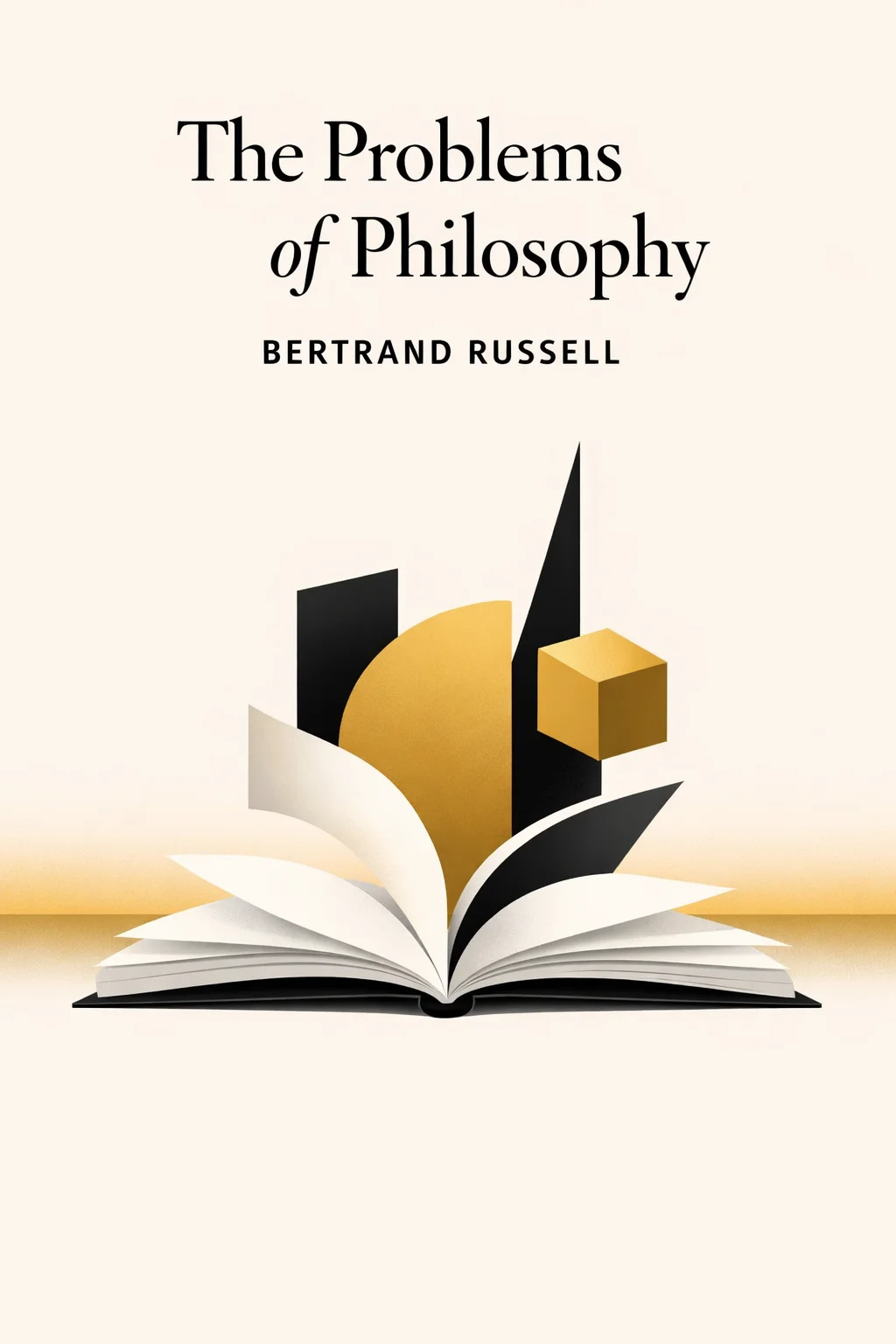 Cover art for The Problems of Philosophy featuring a minimalist open book dissolving into abstract geometric shapes and a faint horizon line, suggesting appearance versus reality, in a restrained black, cream, and muted gold palette.