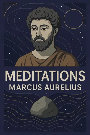Cover art for the modernized 'Meditations' featuring a stylized portrait of Marcus Aurelius, abstract symbols of Stoic resilience (like a modern rock in waves or geometric patterns representing reason), or cosmic/natural elements.