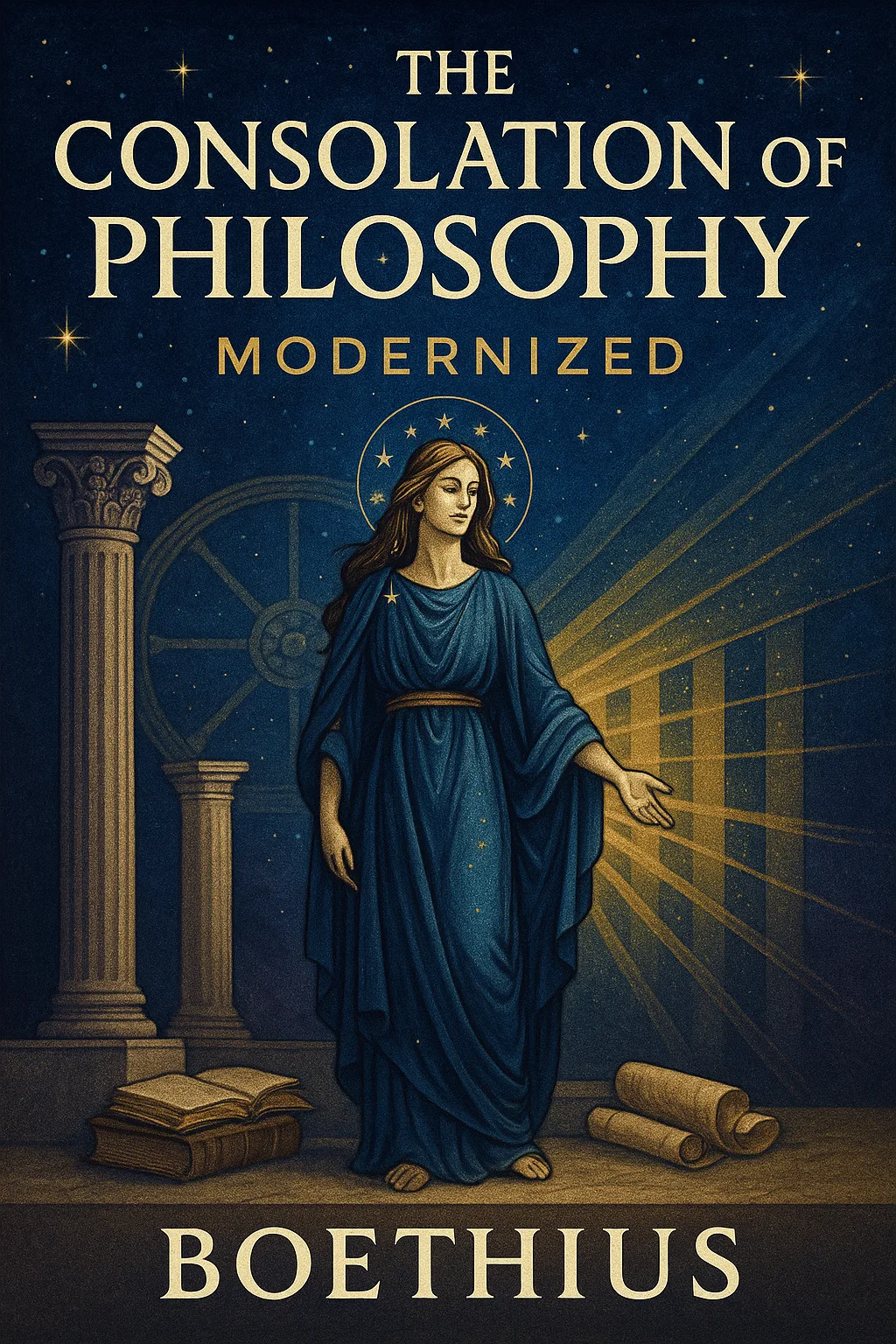 Cover art for the modernized 'The Consolation of Philosophy' featuring a contemplative figure in a classical setting, surrounded by symbolic elements representing wisdom and resilience, with a warm, illuminating glow.