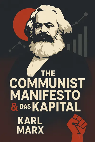 Cover art for the modernized 'Communist Manifesto and Das Kapital' featuring a stylized portrait of Karl Marx, abstract representations of capital and labor, or modern symbols of economic systems.