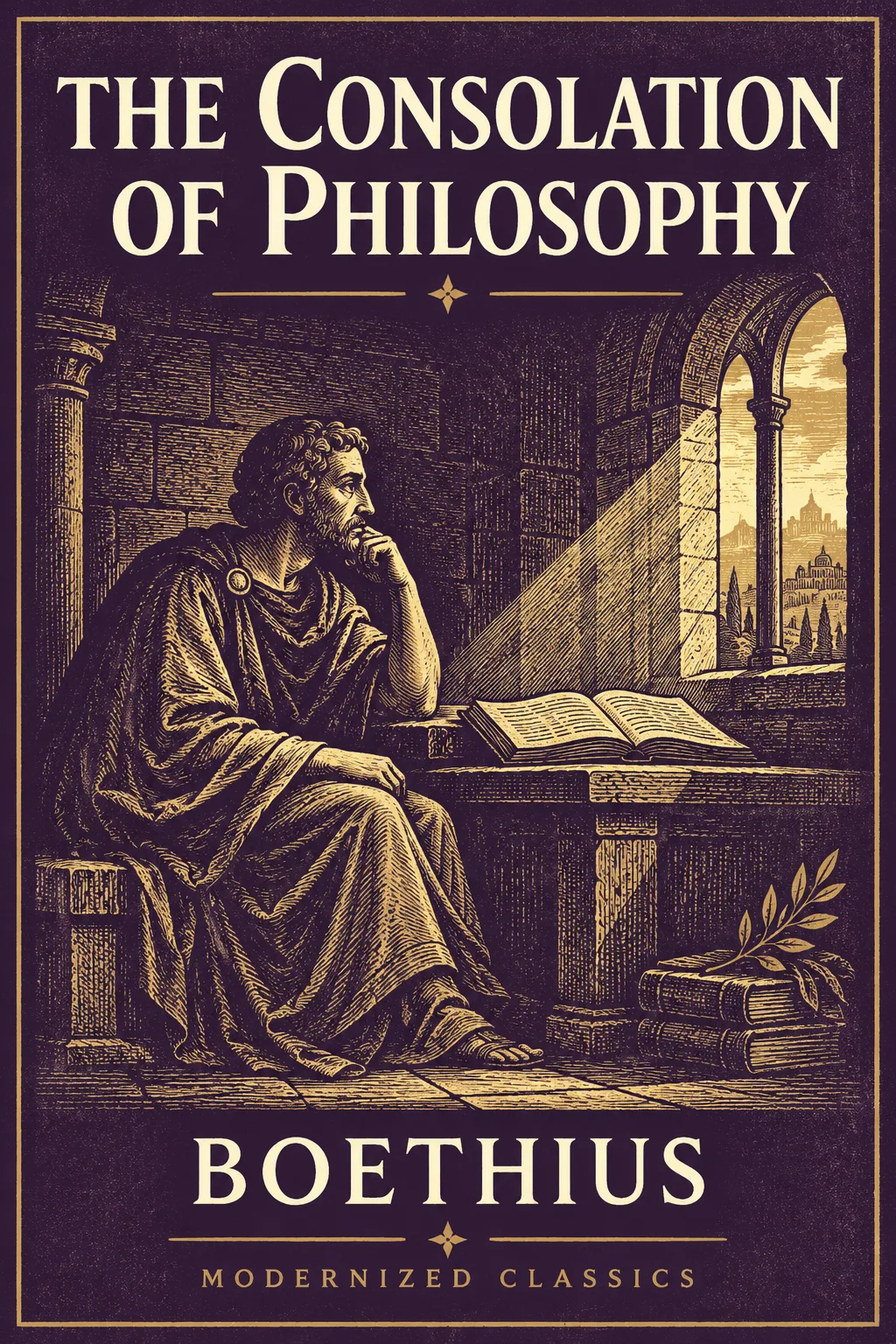Woodcut illustration of a seated philosopher beside an open book and a sunlit window