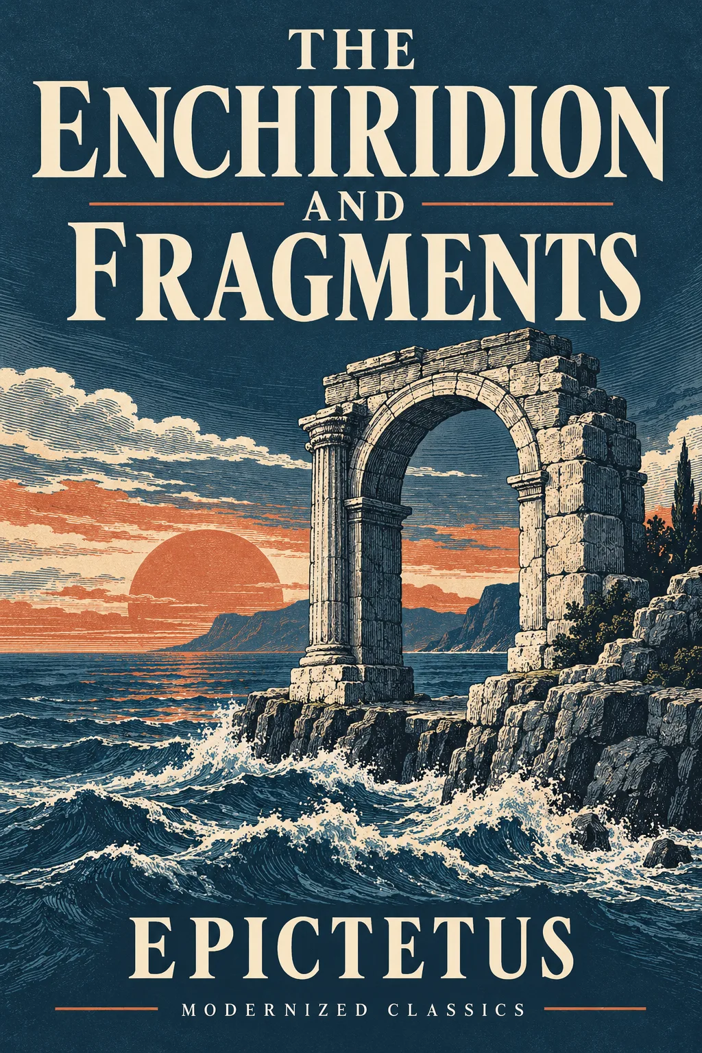 Woodcut illustration of a stone arch standing above ocean waves at sunset