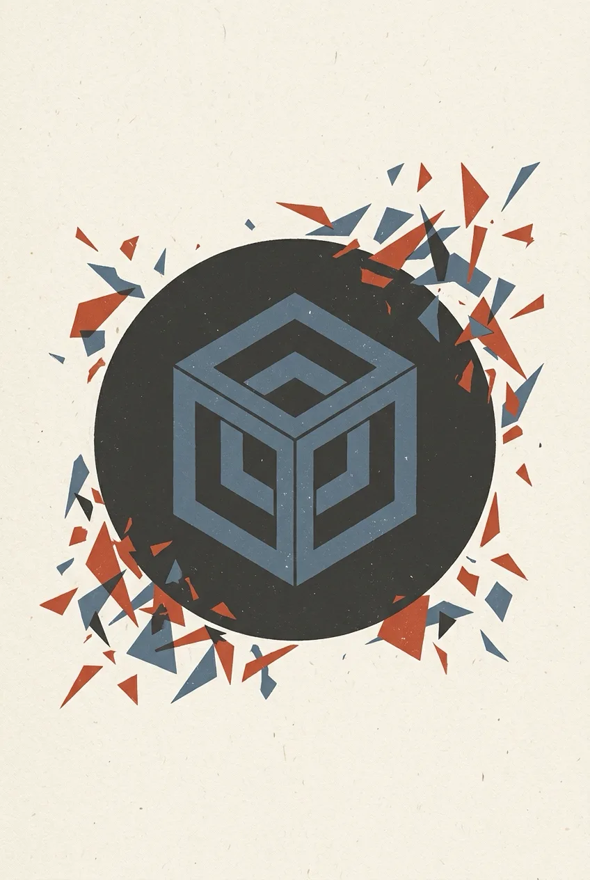 Minimalist geometric illustration of a calm steady circle resisting surrounding scattered fragments