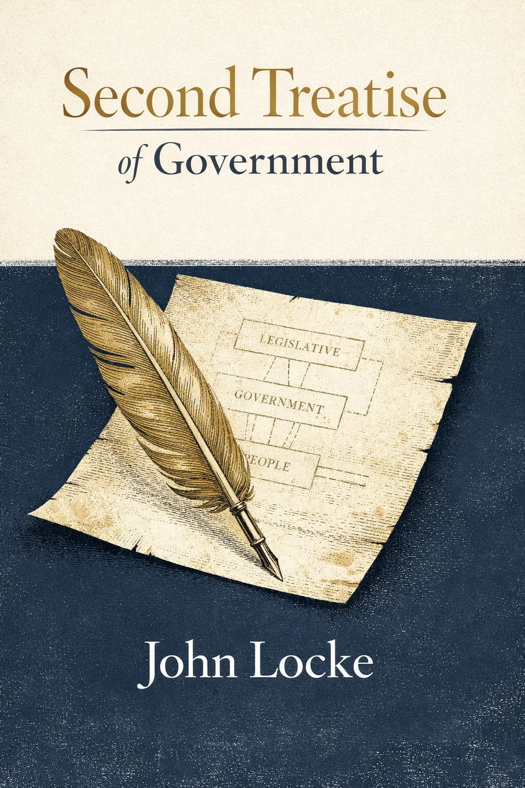 Cover art for Second Treatise of Government featuring a minimalist 17th-century-inspired ink illustration of a quill and a parchment bill of rights over a subtle map-like texture, with bold modern typography for the title and the author name John Locke.